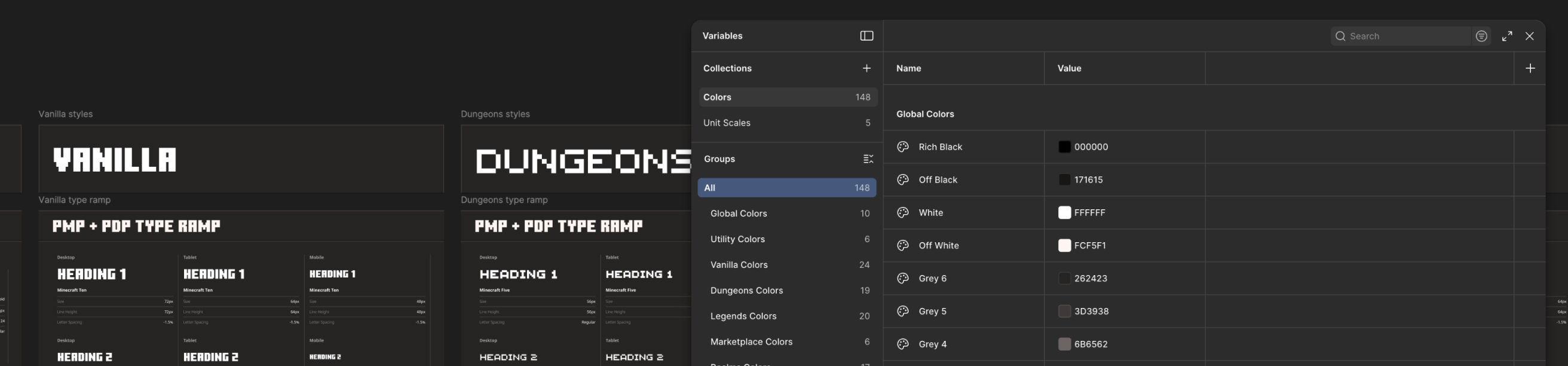 Minecraft design tokens and foundations